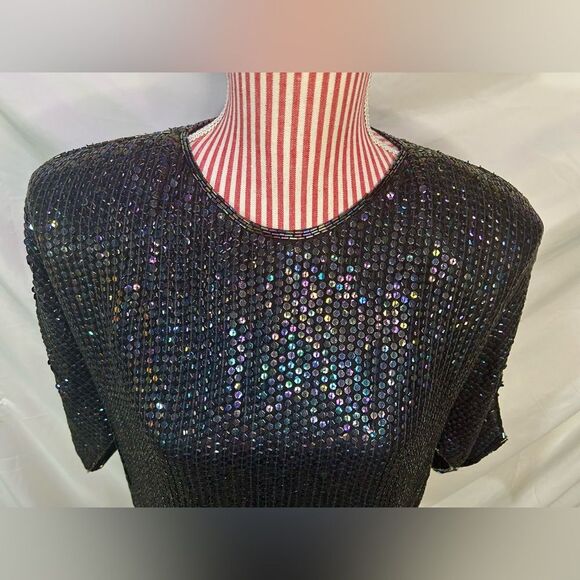 Vintage Black Beaded Blouse 100% Silk Sequin Rainbow Sparkly Retro 80s Sz Medium - Picture 2 of 12